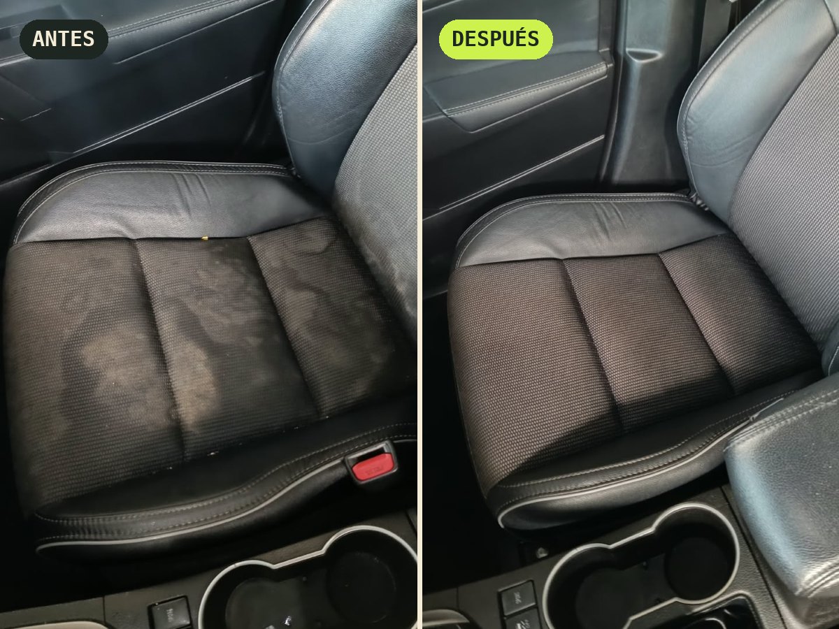 El mismo asiento de carro antes y después del lavado de EcoClean