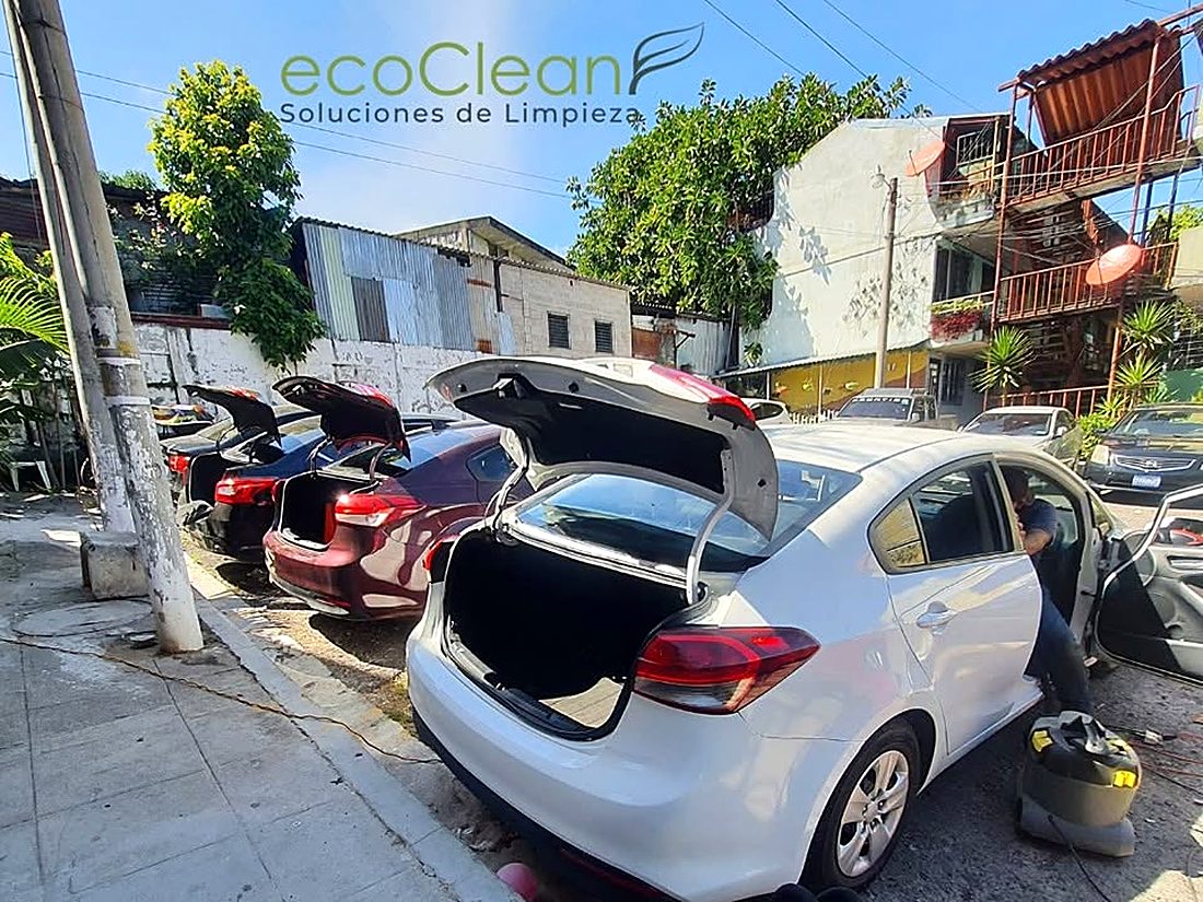 Flotilla de vehículos siendo limpiada por EcoClean